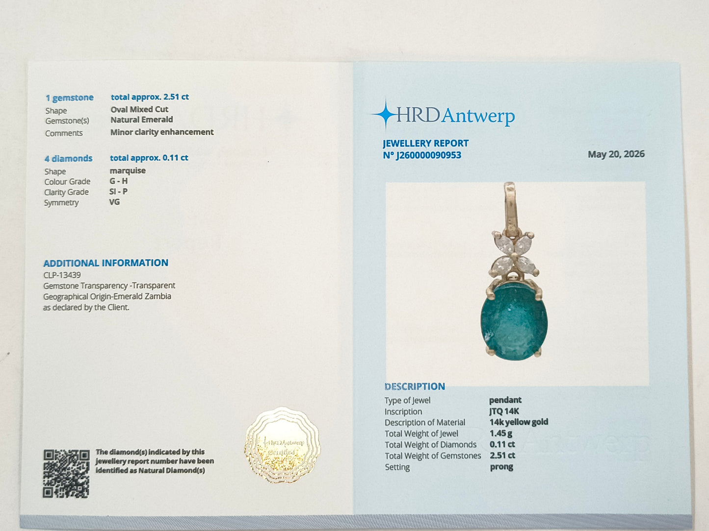 2.62 Ct Oval Emerald 14K Gold Pendant