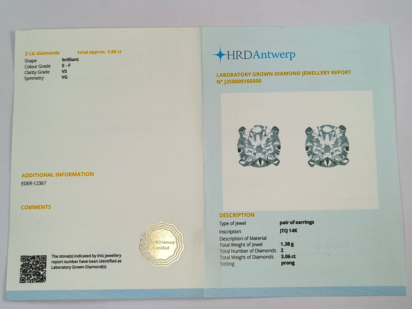 3.06 Carats Lab Grown Diamond 14K Gold Earrings