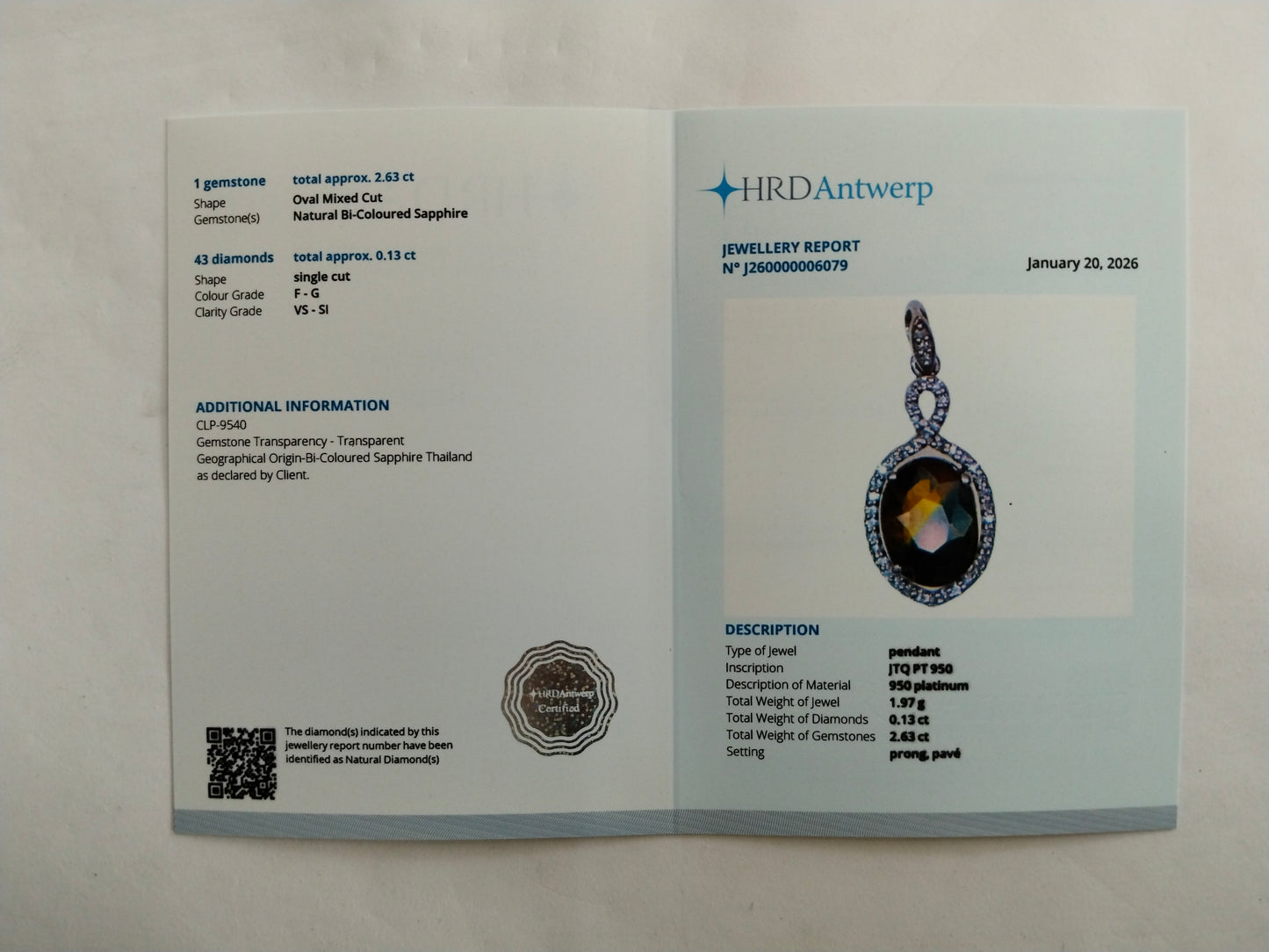 2.76 Ct Oval Mixed Cut Natural Bi-Coloured Sapphire 950 Platinum Pendant