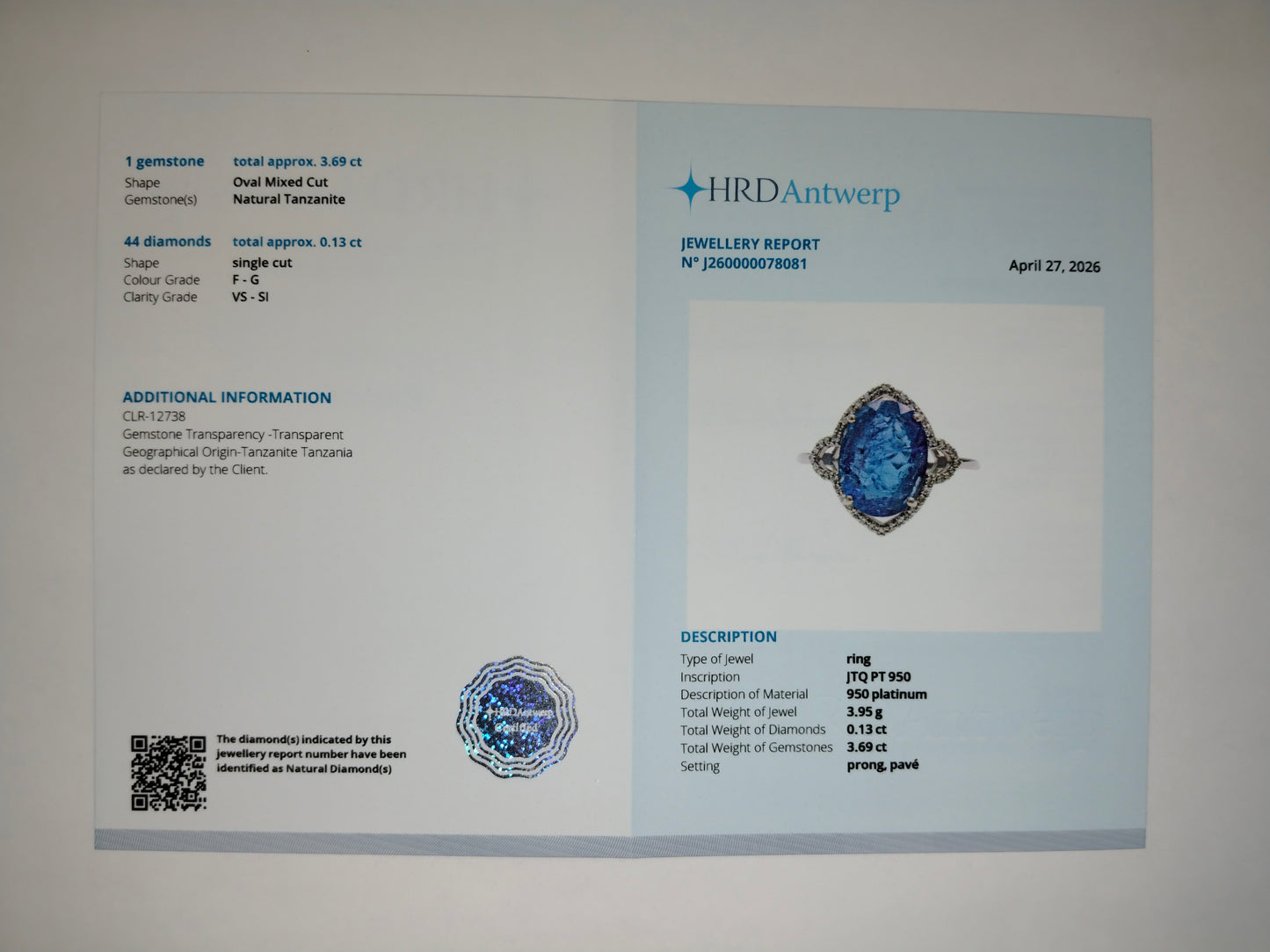 3.82 Ct Oval Mixed Cut Natural Tanzanite 950 Platinum Ring