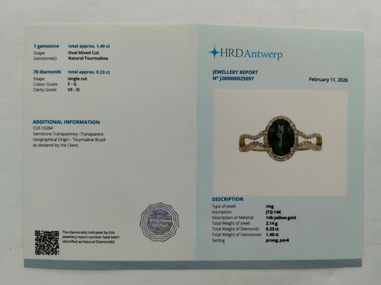 1.63 Ct Oval Mixed Cut Natural Tourmaline 14K Gold Ring