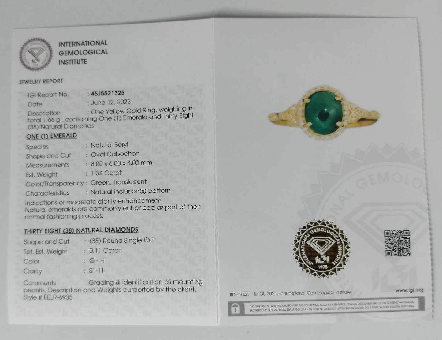 1.45 Ct Oval Cabochon Natural Beryl Emerald 14K Gold Ring