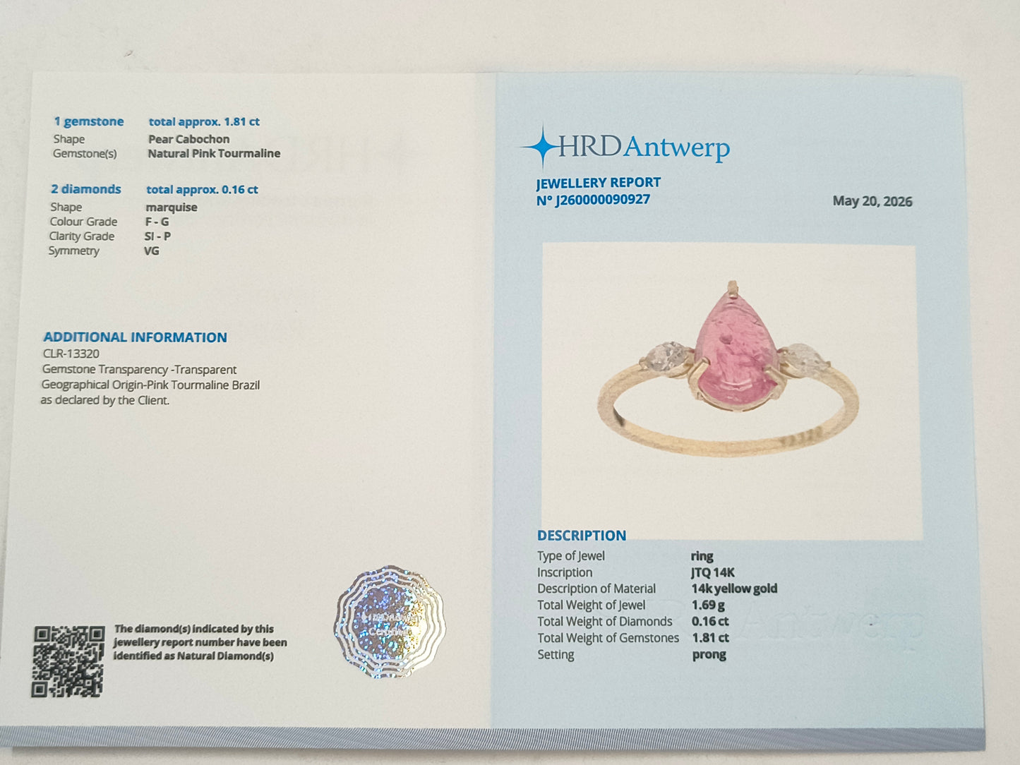 1.97 Ct Pear Tourmaline 14K Gold Ring