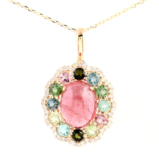 3.31 Ct Oval Multi Tourmaline 14K Gold Pendant