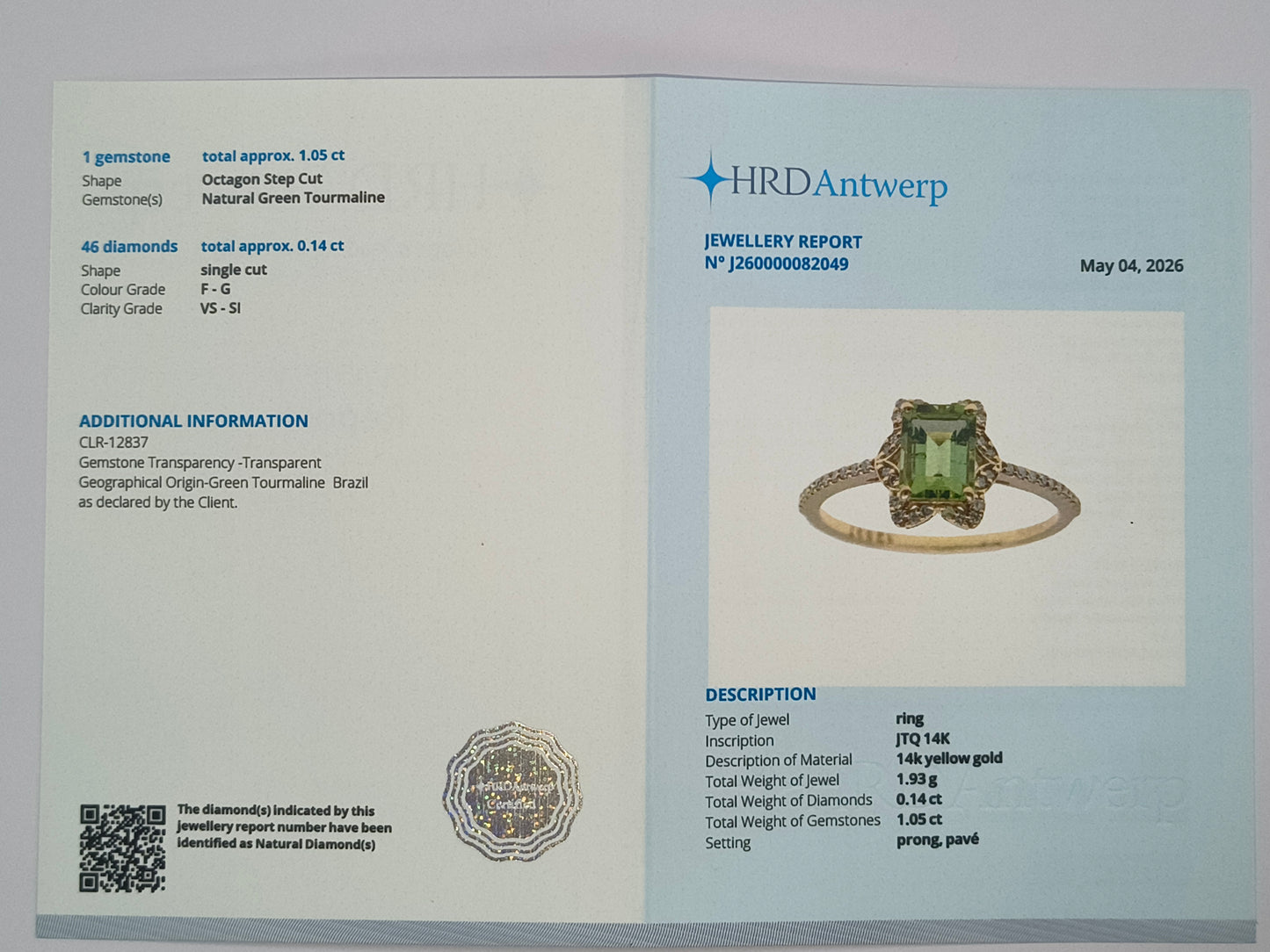 1.19 Ct Octagon Step Cut Natural Green Tourmaline 14K Gold Ring