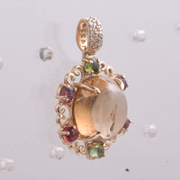 9.22 Ct Oval Cabochon Cut, Round Cabochon Cut Natural Multi-Coloured Tourmaline 14K Gold Pendant