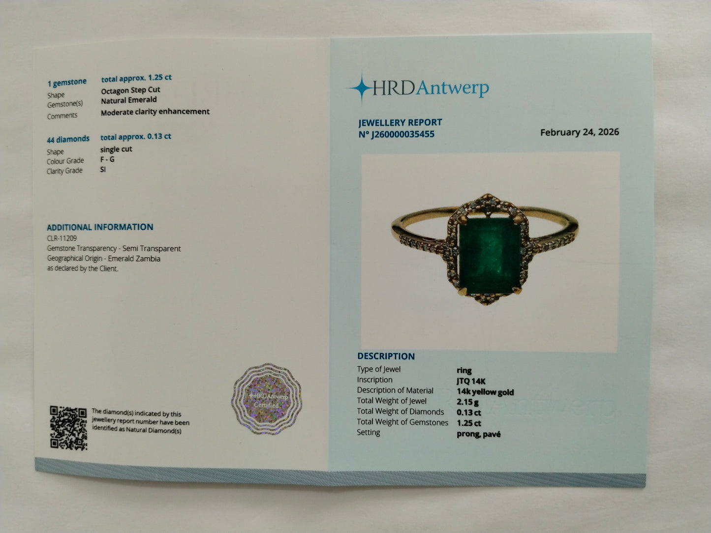 1.38 Ct Octagon Step Cut Natural Emerald 14K Gold Ring