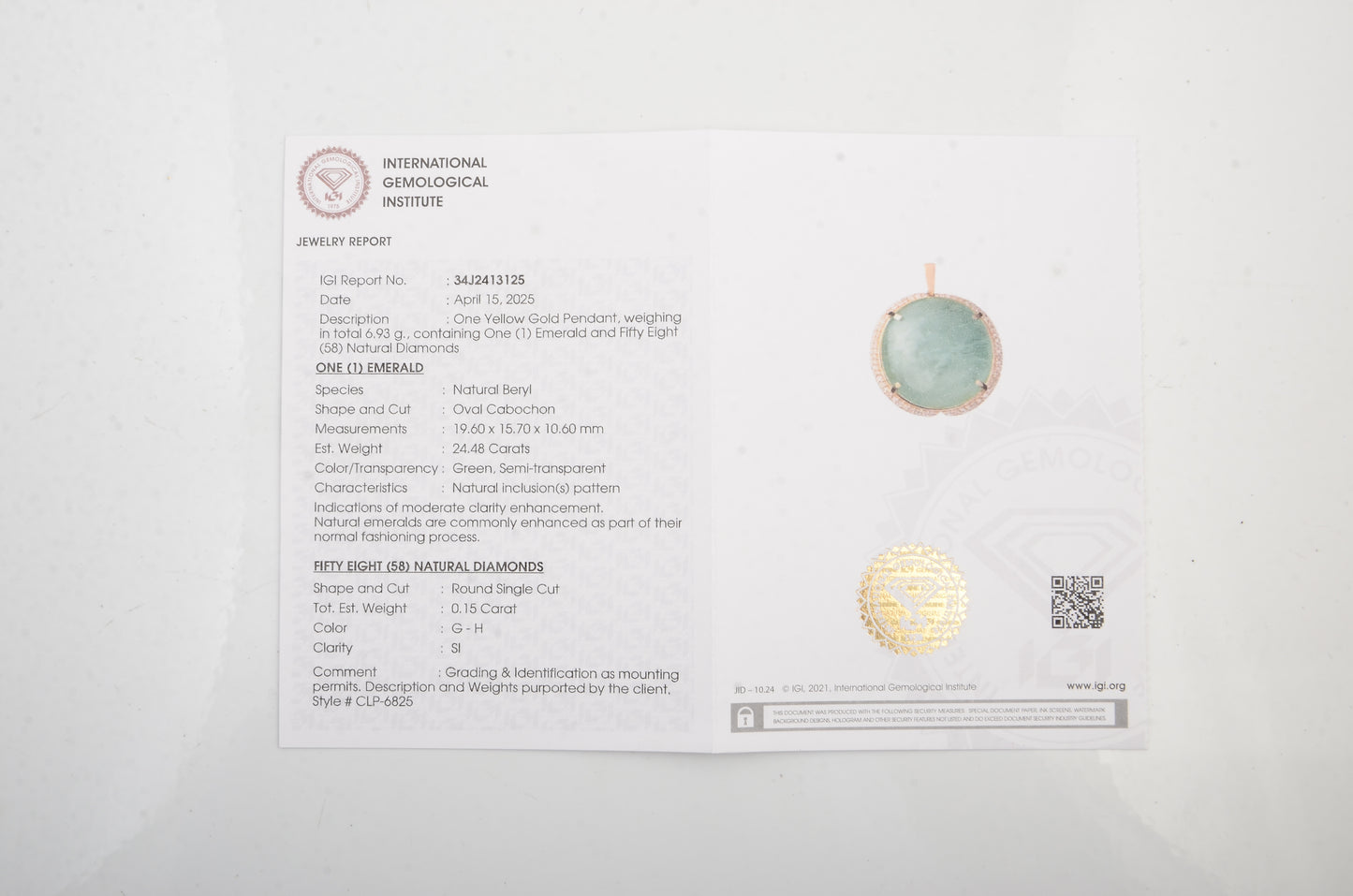 24.63 Ct Oval Cabochon Emerald 14K Gold Pendant