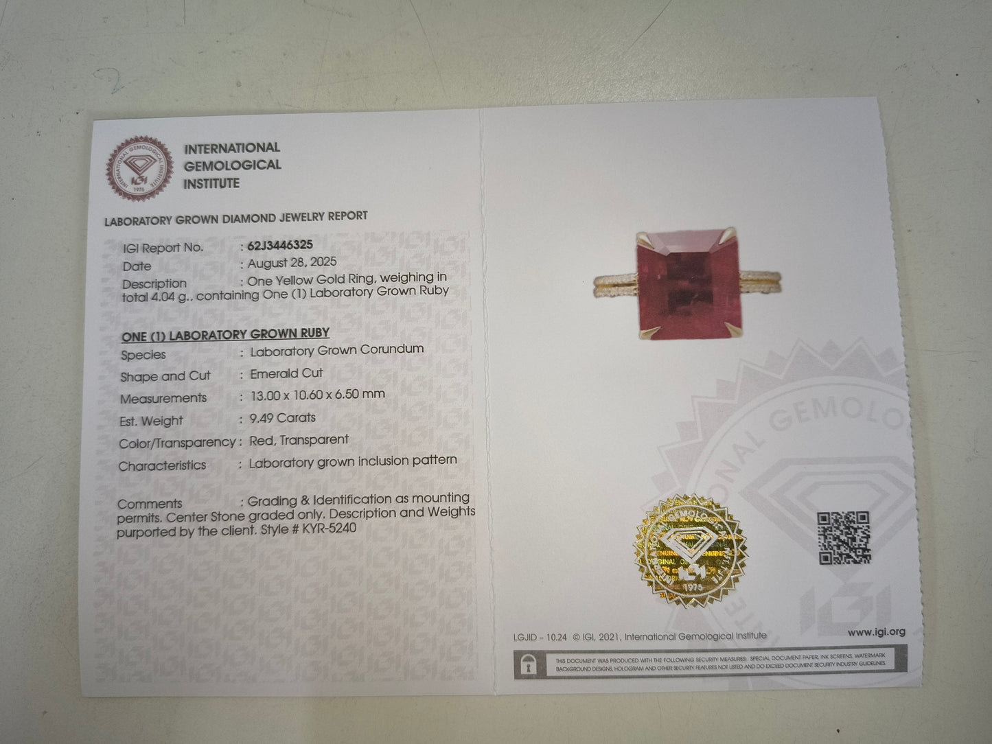 9.67 Ct Emerald Cut Lab Grown Ruby 14K Gold Ring