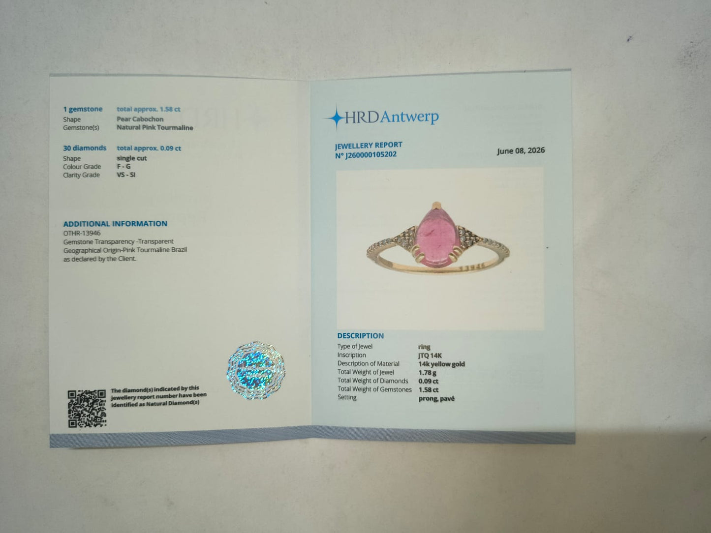 1.67 Ct Pear Cabochon Natural Pink Tourmaline 14K Gold Ring
