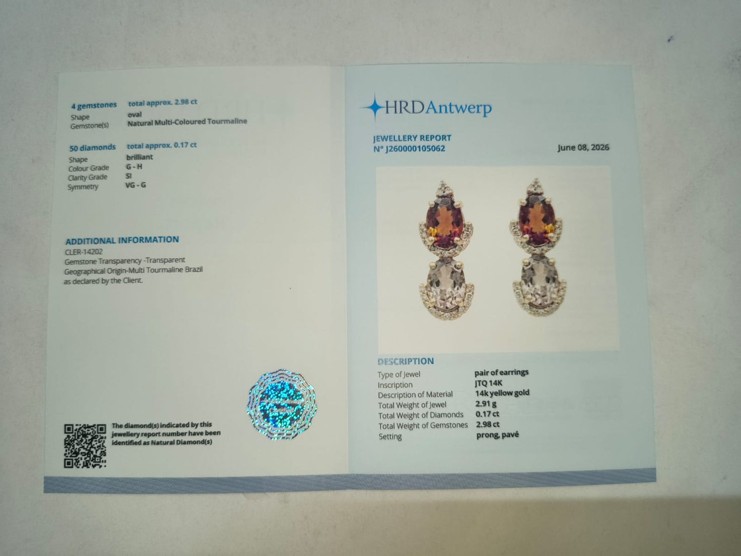3.15 Ct Oval Mixed Cut Natural Multi-Coloured Tourmaline 14K Gold Earrings