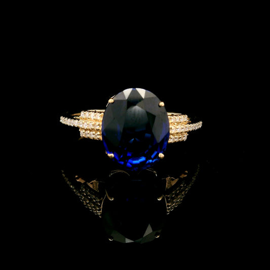 4.86 Ct Oval Mixed Cut Lab Grown Sapphire 14K Gold Ring