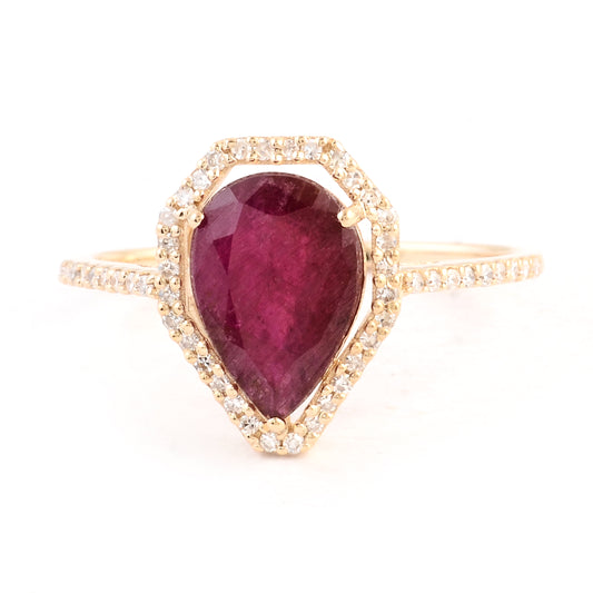 2.33 Ct Pear Mixed Cut Natural Corundum Ruby 14K Gold Ring