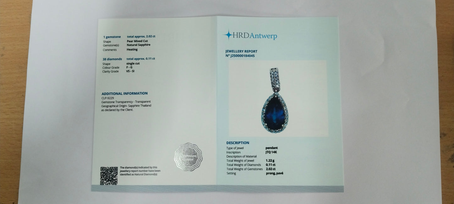 2.13 Ct Pear Mixed Cut Natural Sapphire 14K Gold Pendant