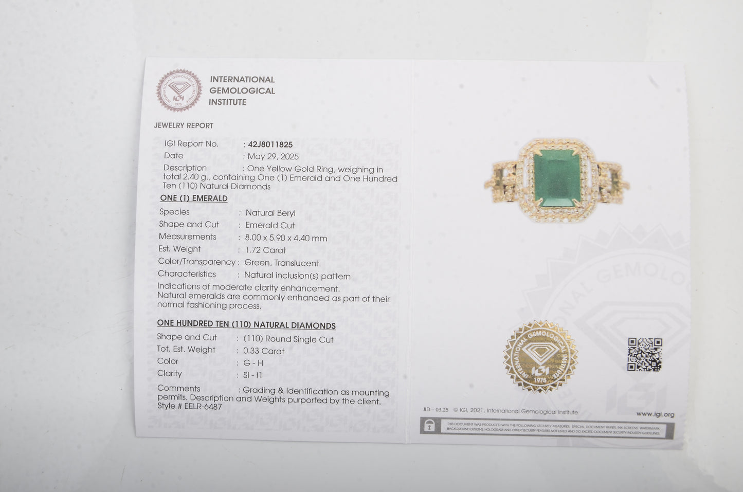 2.05 Ct Emerald Cut Natural Beryl Emerald 14K Gold Ring