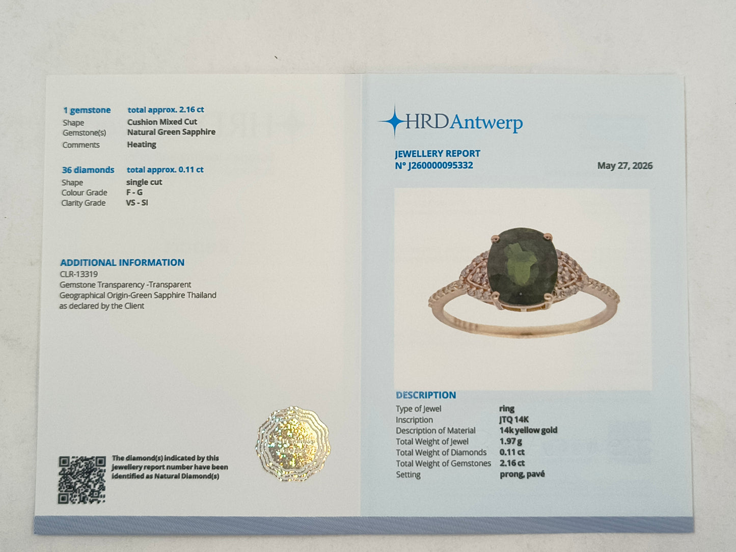 2.27 Ct Cushion Mixed Cut Natural Green Sapphire 14K Gold Ring