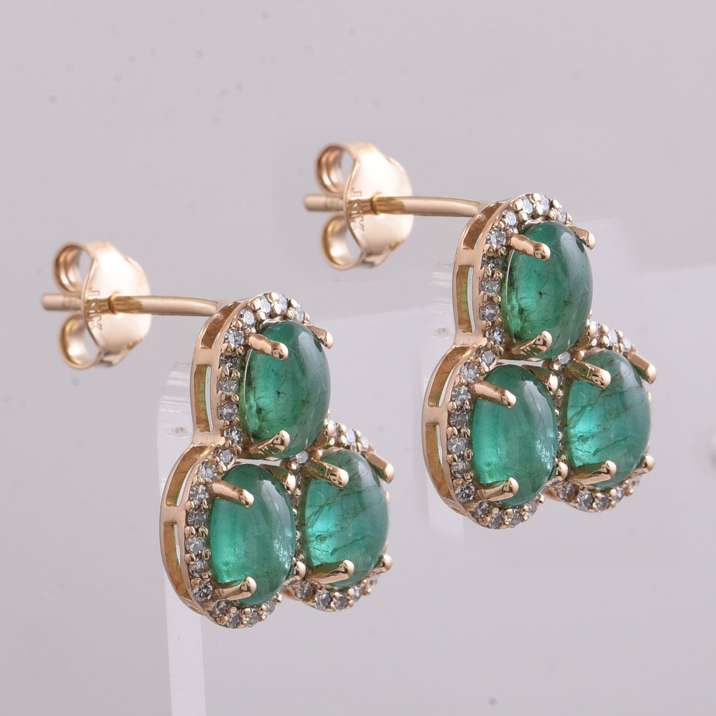 3.43 Ct Oval Cabochon Cut Natural Emerald 14K Gold Earrings