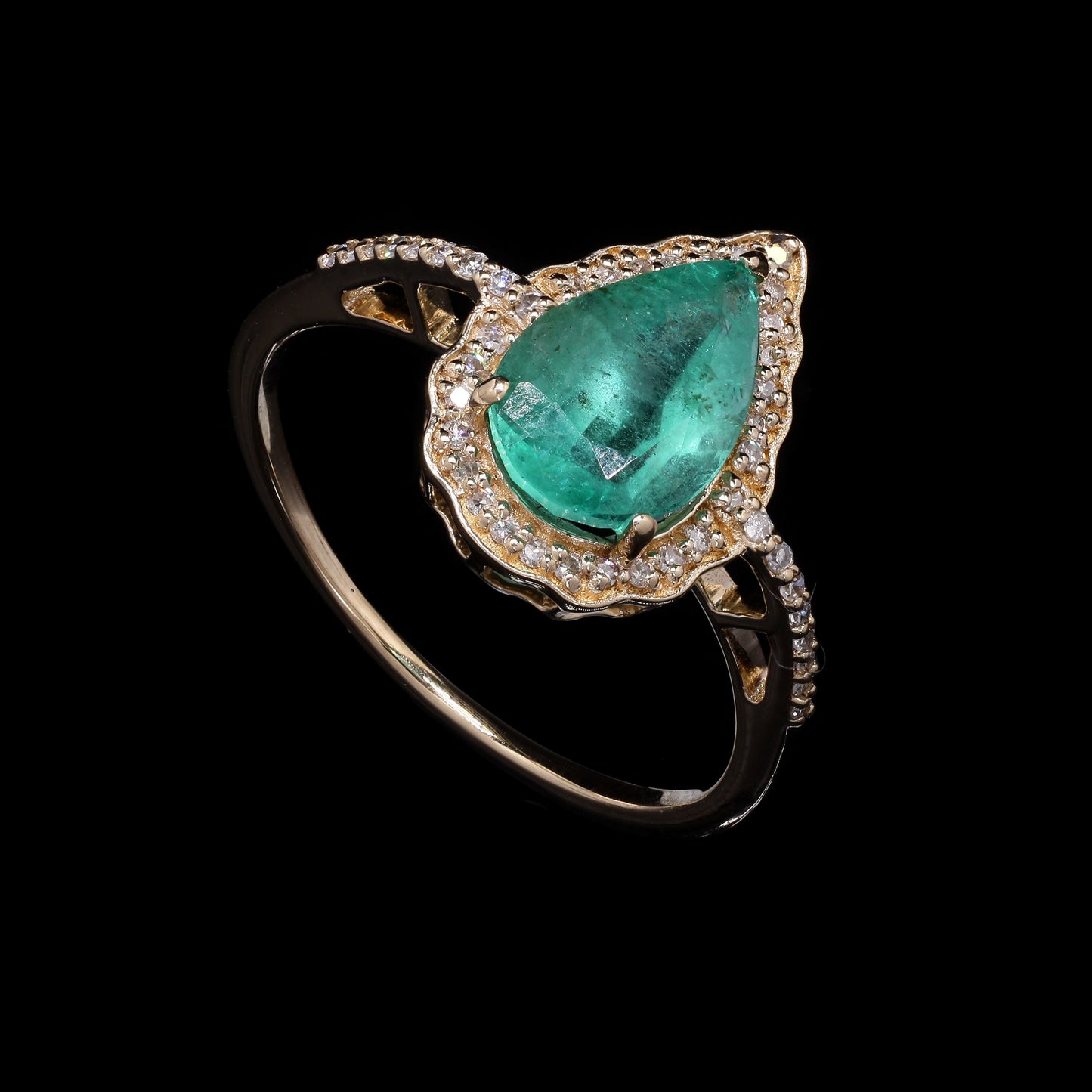 1.68 Ct Pear Mixed Cut Natural Emerald 14K Gold Ring