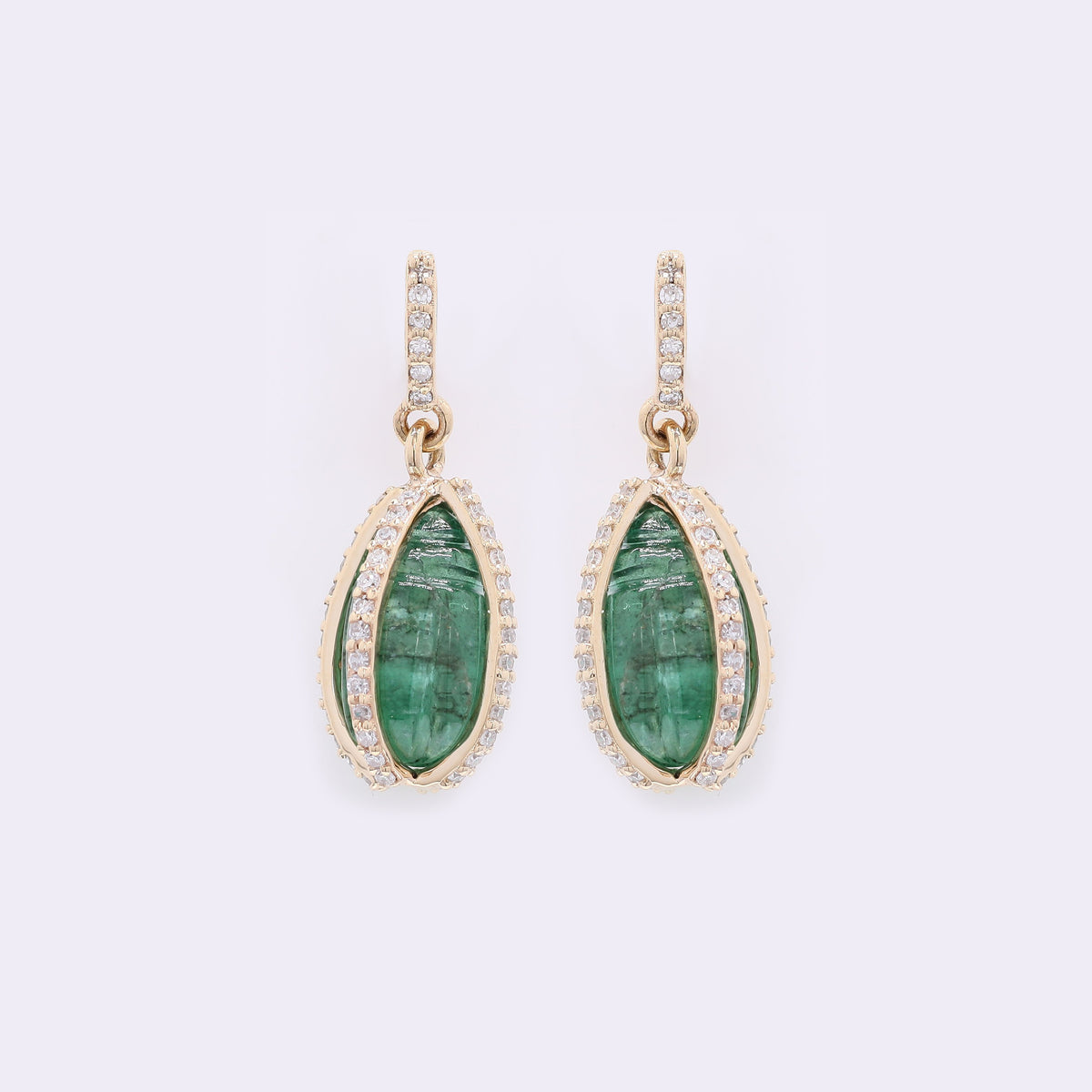 5.44 Ct Drop Carving Natural Emerald 14K Gold Earrings