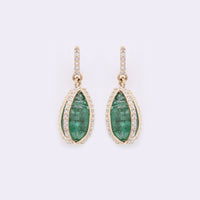 5.44 Ct Drop Carving Natural Emerald 14K Gold Earrings