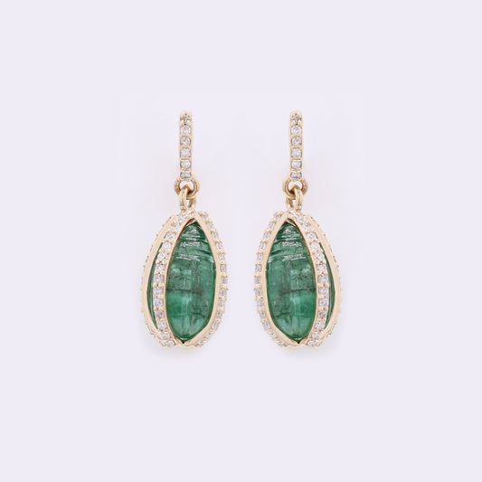5.44 Ct Drop Carving Natural Emerald 14K Gold Earrings