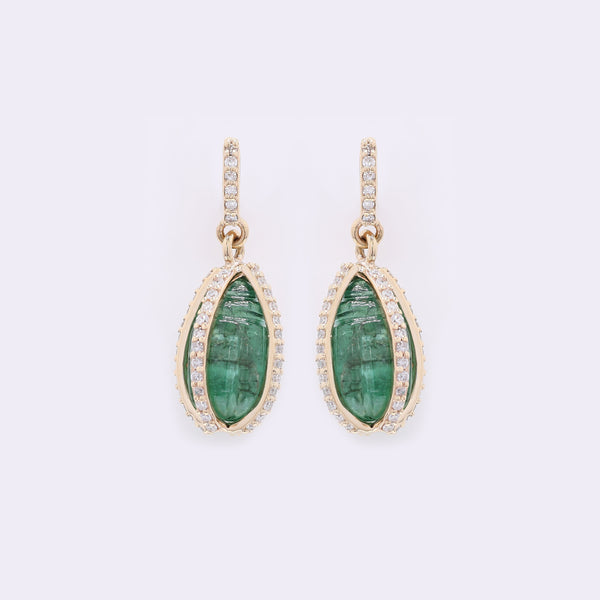 5.44 Ct Drop Carving Natural Emerald 14K Gold Earrings