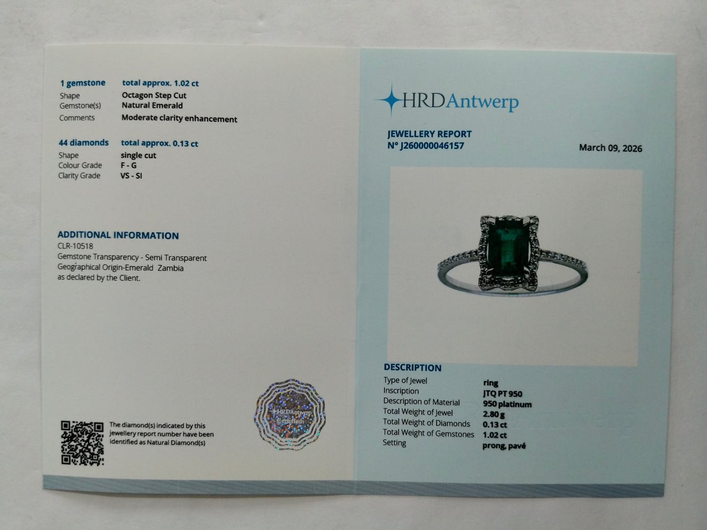 1.15 Ct Octagon Step Cut Natural Emerald 950 Platinum Ring
