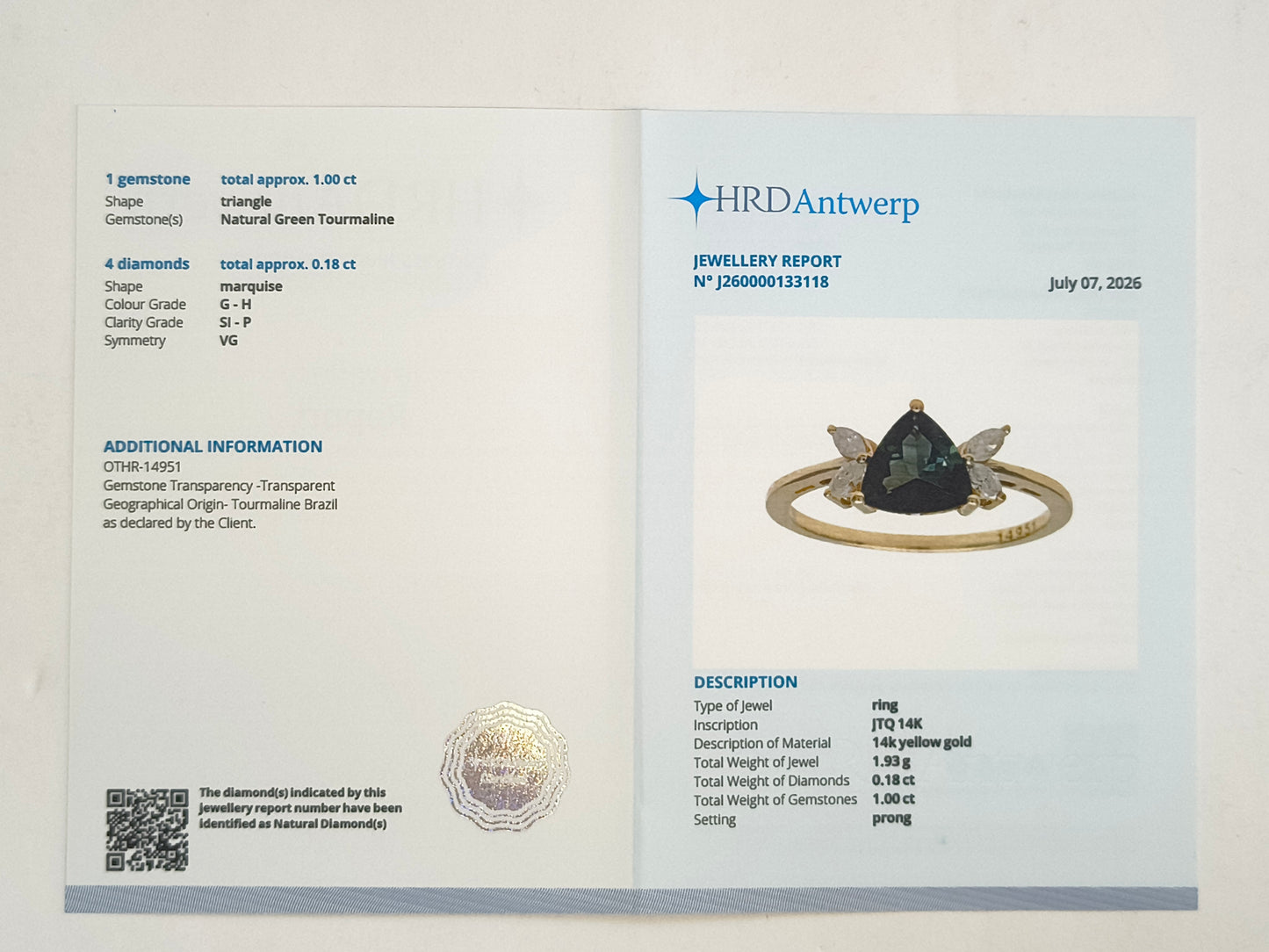 1.18 Ct Triangle Natural Green Tourmaline 14K Gold Ring