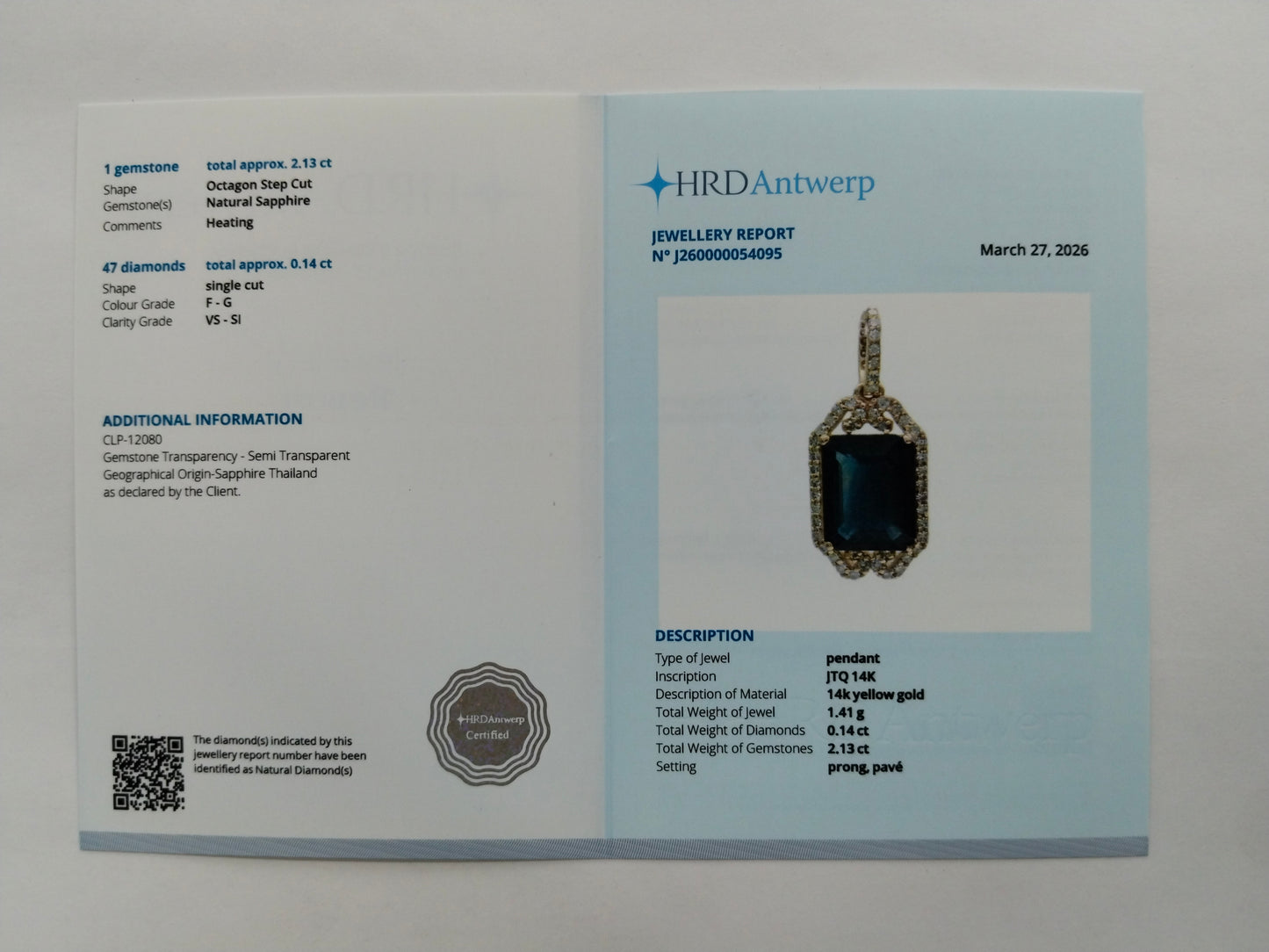 2.27 Ct Octagon Step Cut Natural Sapphire 14K Gold Pendant