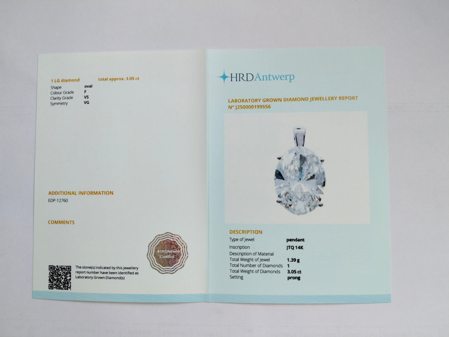 3.05 Carats Lab Grown Diamond 14K Gold Pendant