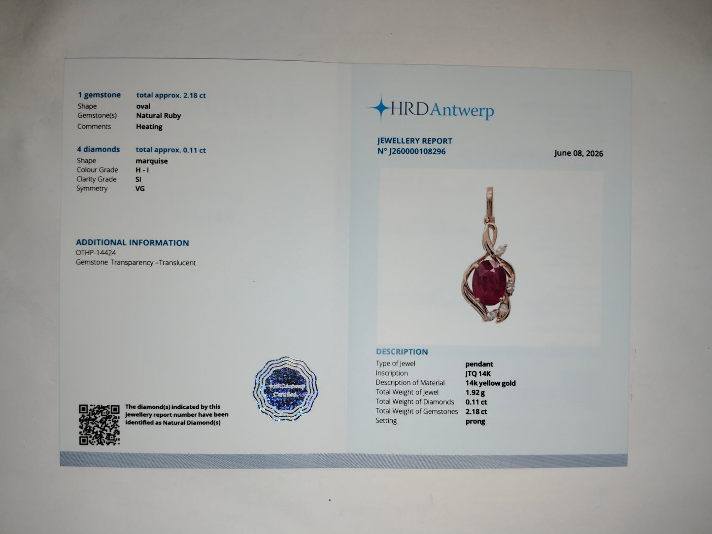 2.29 Ct Oval Mixed Cut Natural Ruby 14K Gold Pendant