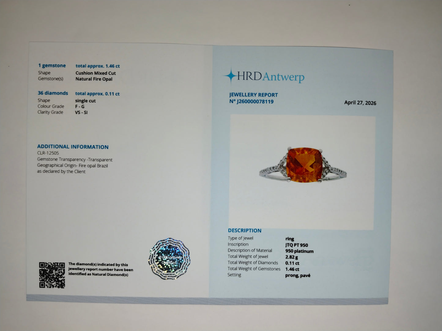 1.57 Ct Cushion Mixed Cut Natural Fire Opal 950 Platinum Ring