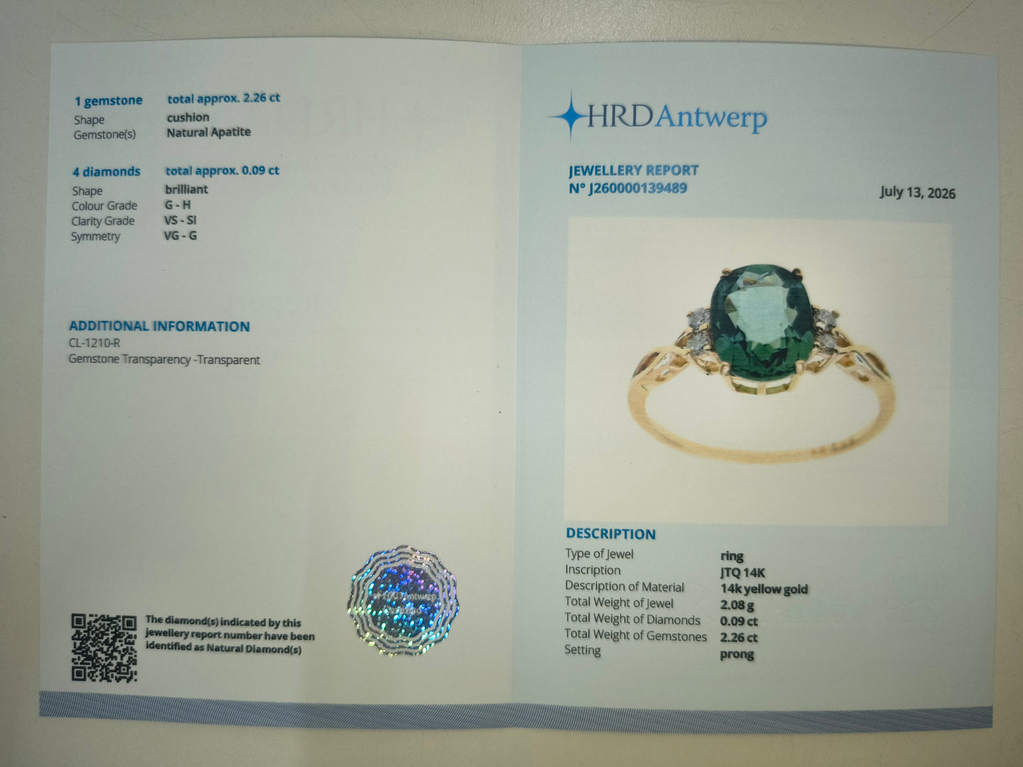 2.35 Ct Cushion Natural Apatite 14K Gold Ring