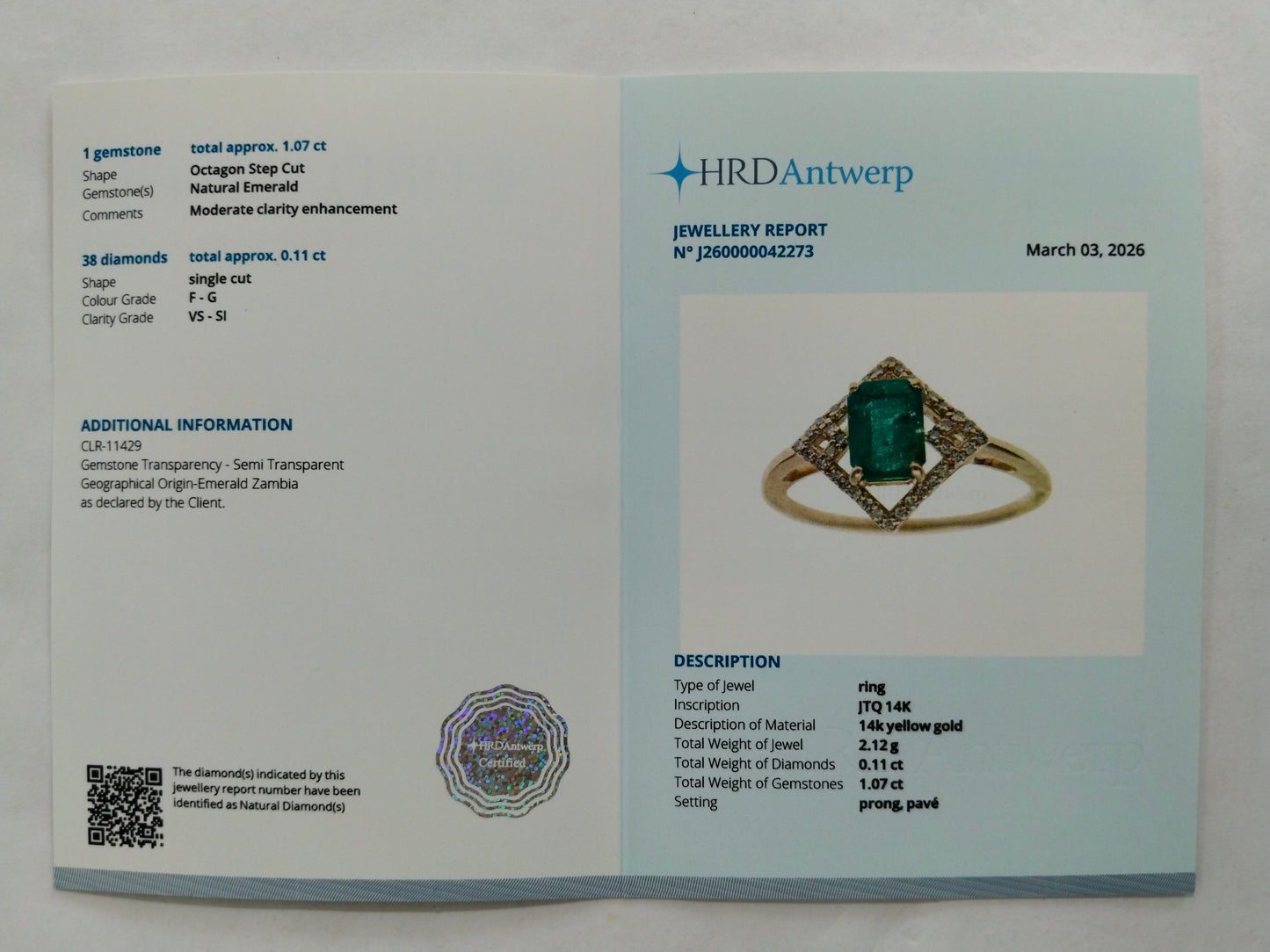 1.18 Ct Octagon Step Cut Natural Emerald 14K Gold Ring