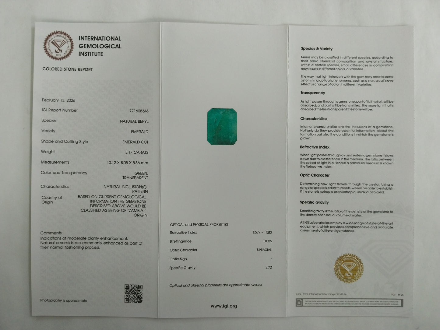 3.17 Natural Beryl Emerald Emerald Cut Gemstone