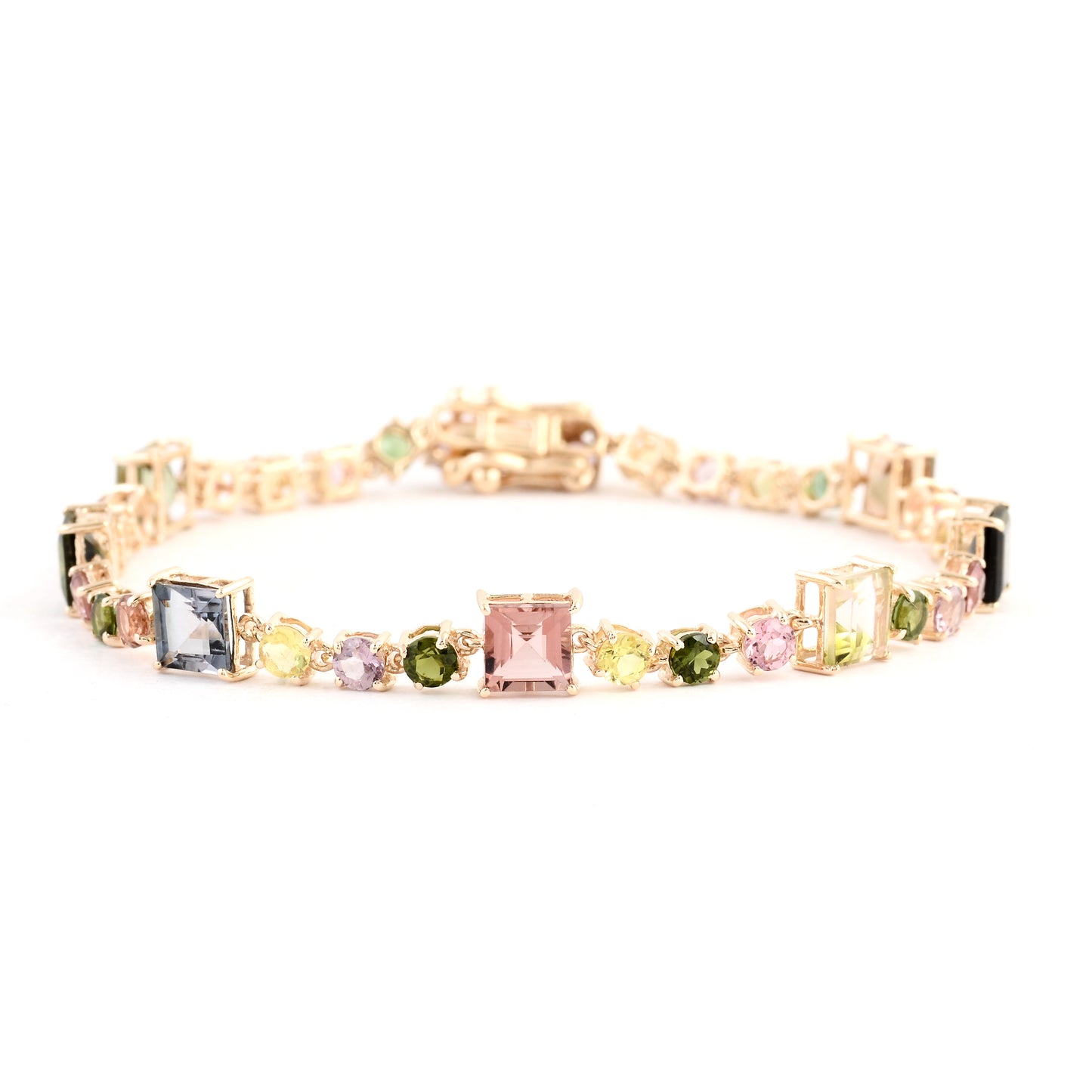 7.66 Ct Square Multi Tourmaline 14K Gold Bracelet
