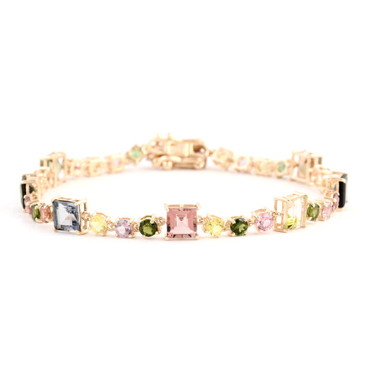 7.66 Ct Square Multi Tourmaline 14K Gold Bracelet