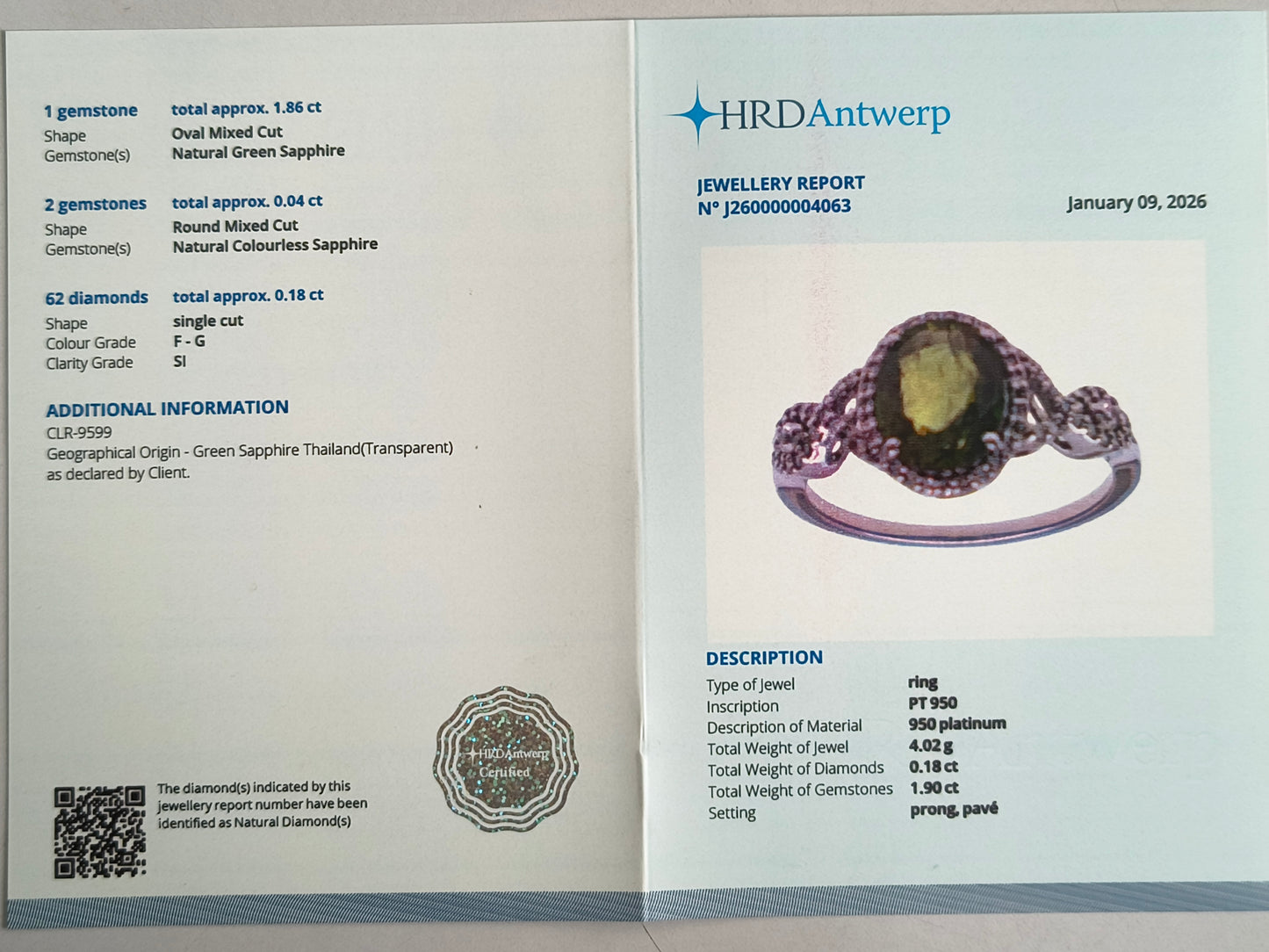 2.08 Ct Oval Mixed Cut Natural Green Sapphire 950 Platinum Ring