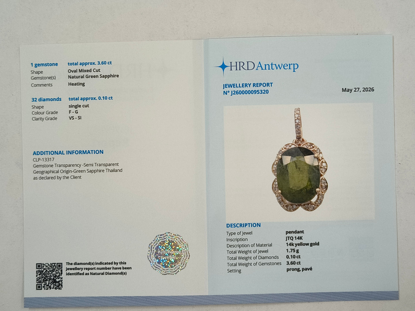 3.70 Ct Oval Mixed Cut Natural Green Sapphire 14K Gold Pendant