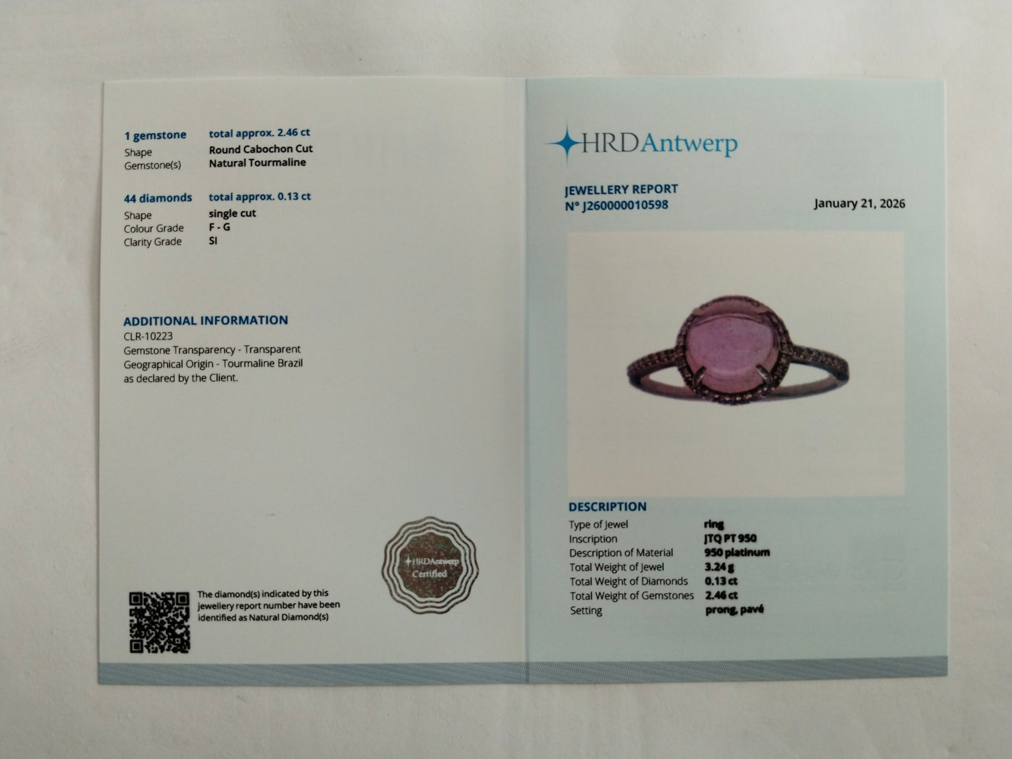 2.59 Ct Round Mixed Cut Natural Tourmaline 950 Platinum Ring