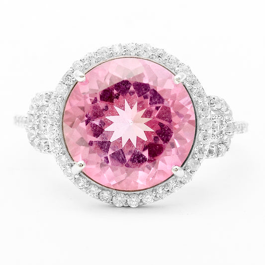 9.35 Ct Round Pink Topaz, White Zircon 925 Sterling Silver Ring