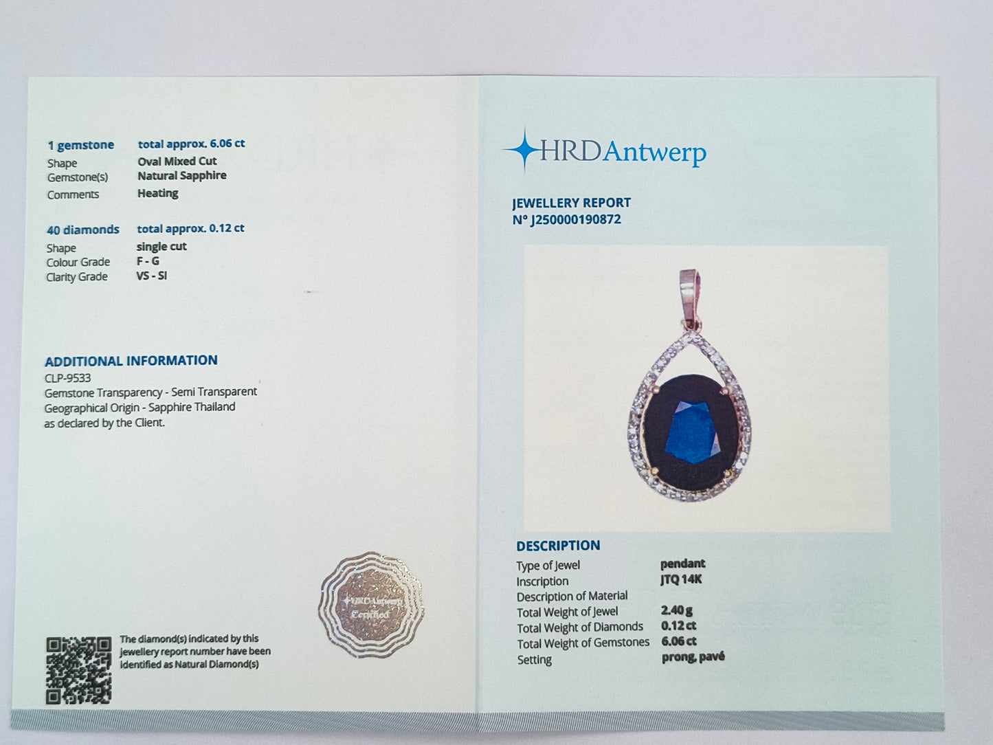 6.18 Ct Oval Mixed Cut Natural Sapphire 14K Gold Pendant