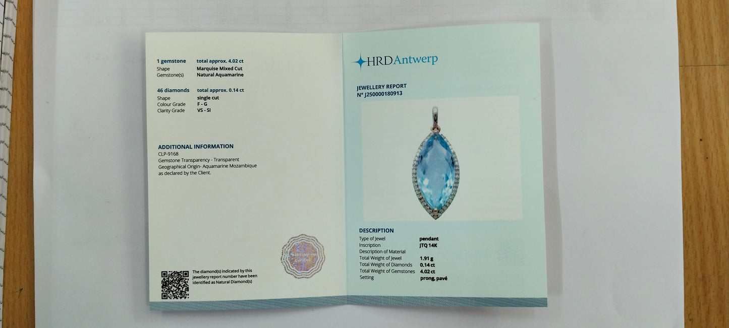 4.16 Ct Marquise Mixed Cut Natural Aquamarine 14K Gold Pendant