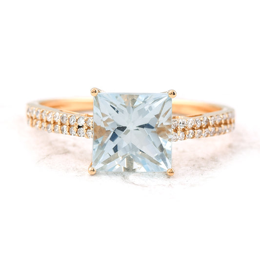 1.92 Ct Square Mixed Cut Natural Aquamarine 14K Gold Ring