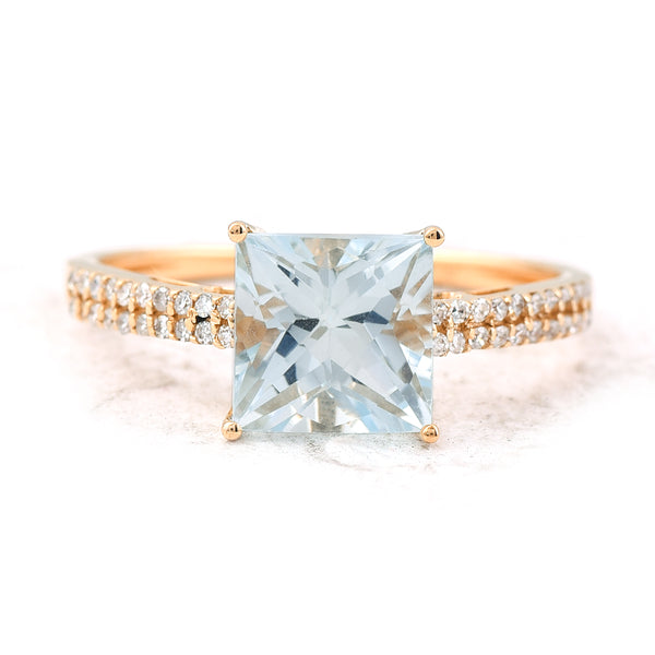 1.92 Ct Square Mixed Cut Natural Aquamarine 14K Gold Ring