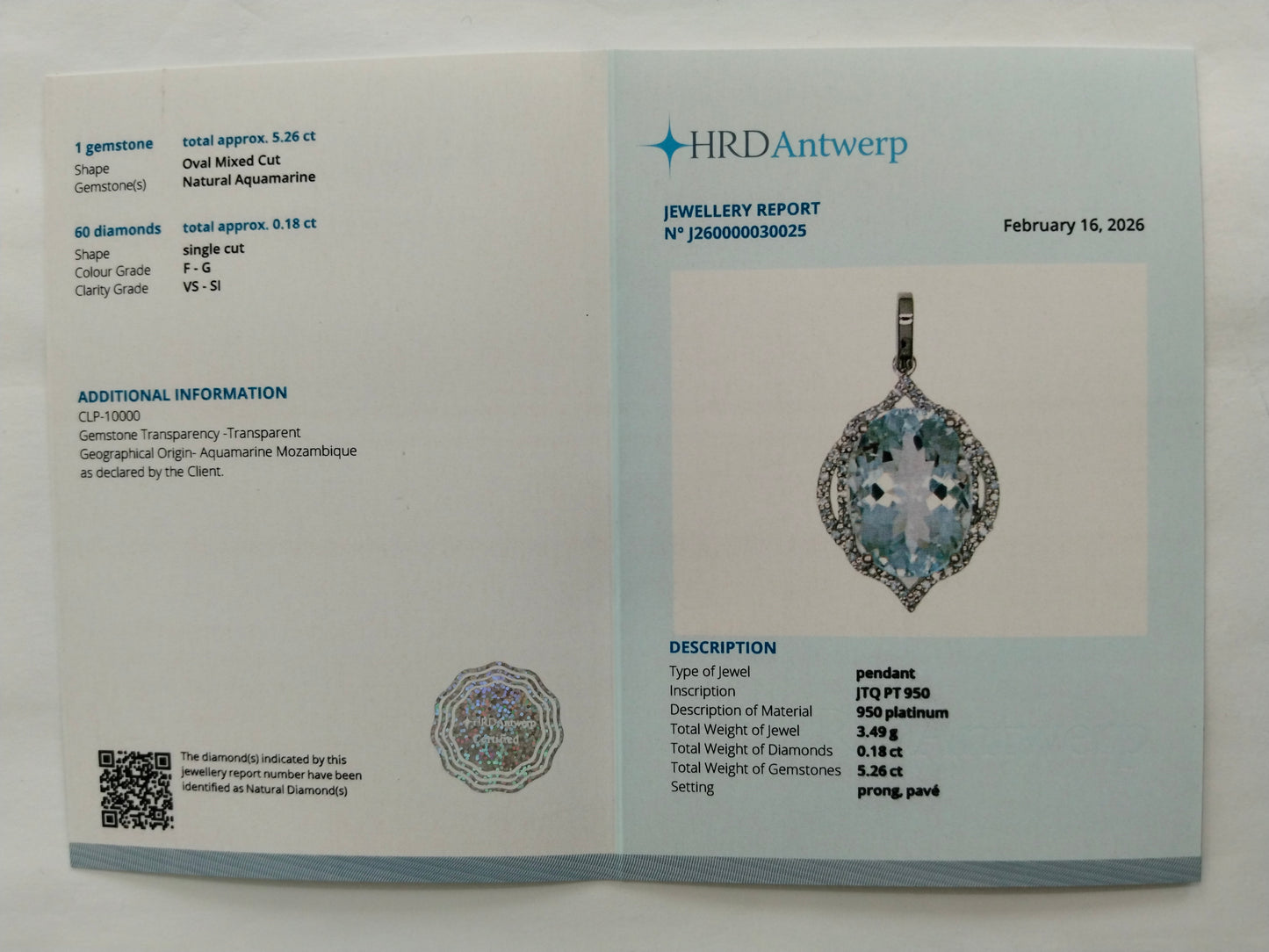 5.44 Ct Oval Mixed Cut Natural Aquamarine 950 Platinum Pendant