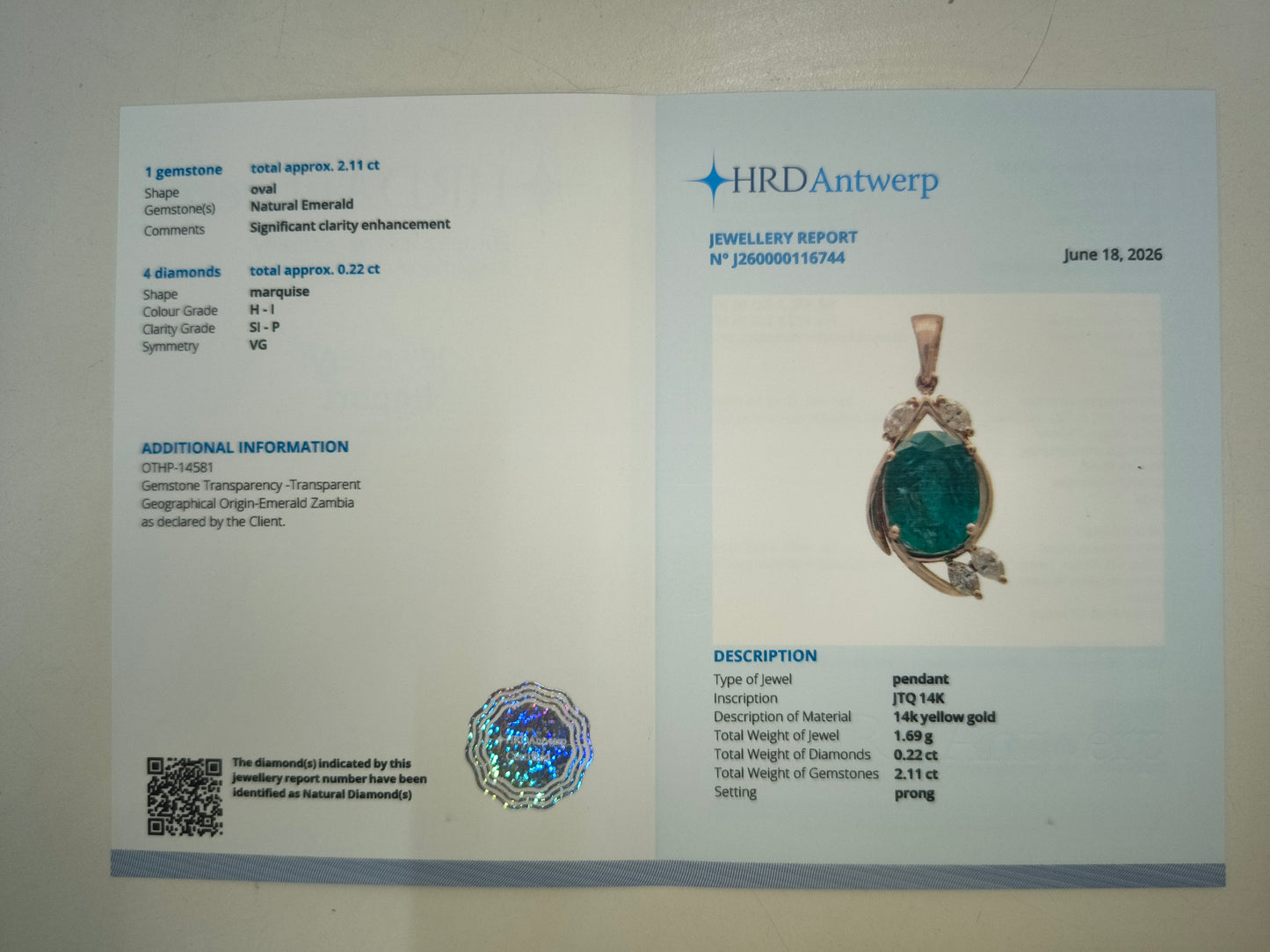 2.33 Ct Oval Natural Emerald 14K Gold Pendant