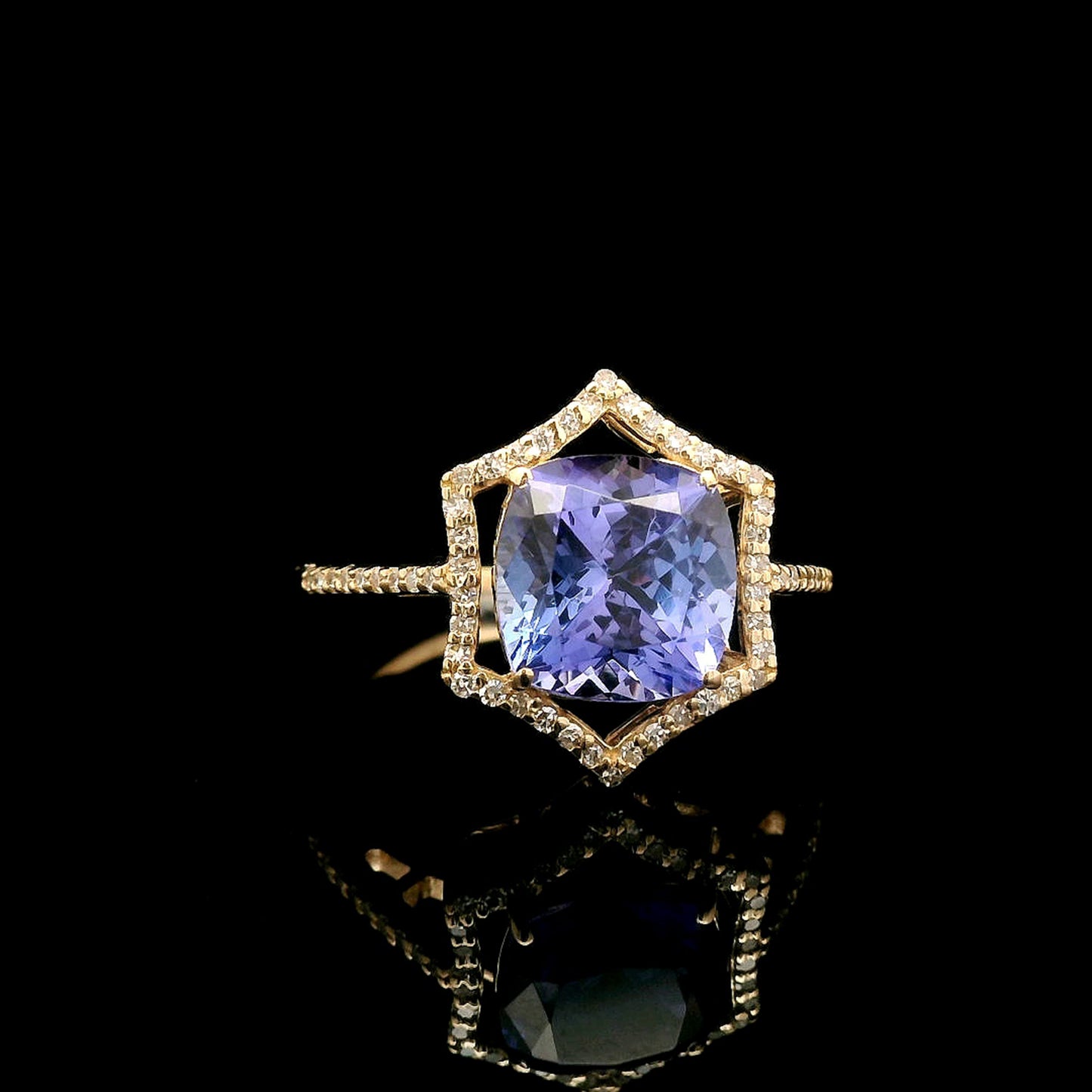 3.15 Ct Cushion Mixed Cut Natural Tanzanite 14K Gold Ring