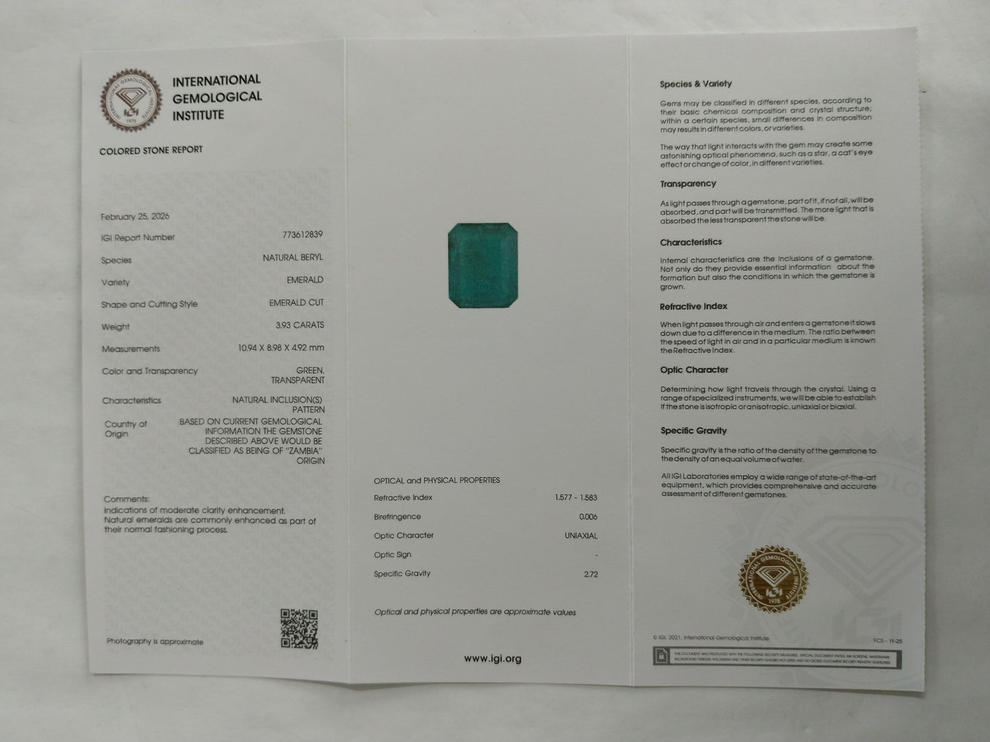 3.93 Natural Beryl Emerald Emerald Cut Gemstone