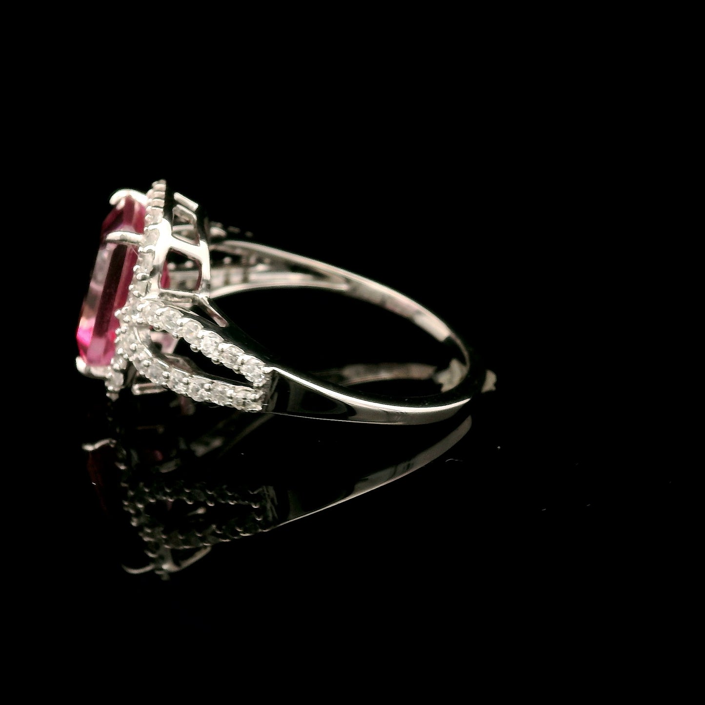 3.34 Ct Octagon Pink Topaz, White Zircon 925 Sterling Silver Ring